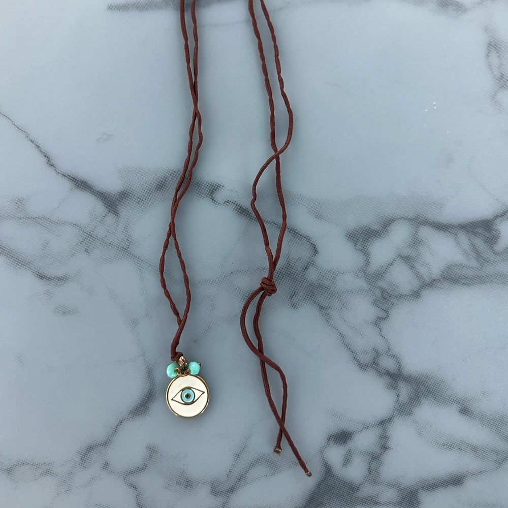 Evil Eye Pendant Necklace on Brown Cord with Turquoise Beads